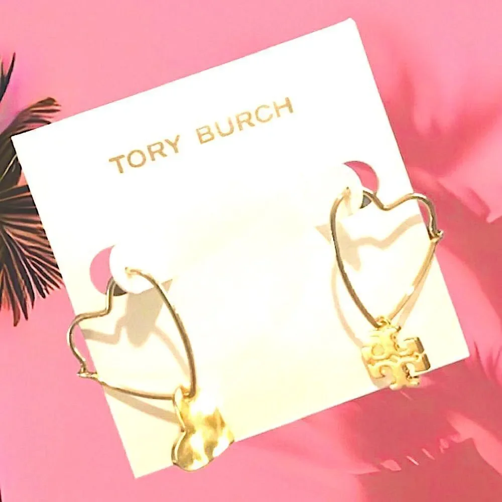TORY BURCH HEART & LOGO DROP DANGLE EARRINGS 18K GOLD PLATED